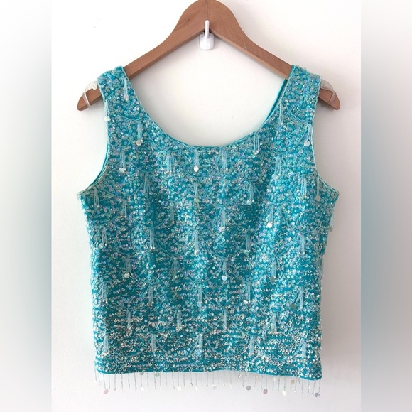 VINTAGE 1960s Sequin Sparkly Embellished Turquoise Top - Picture 4 of 13